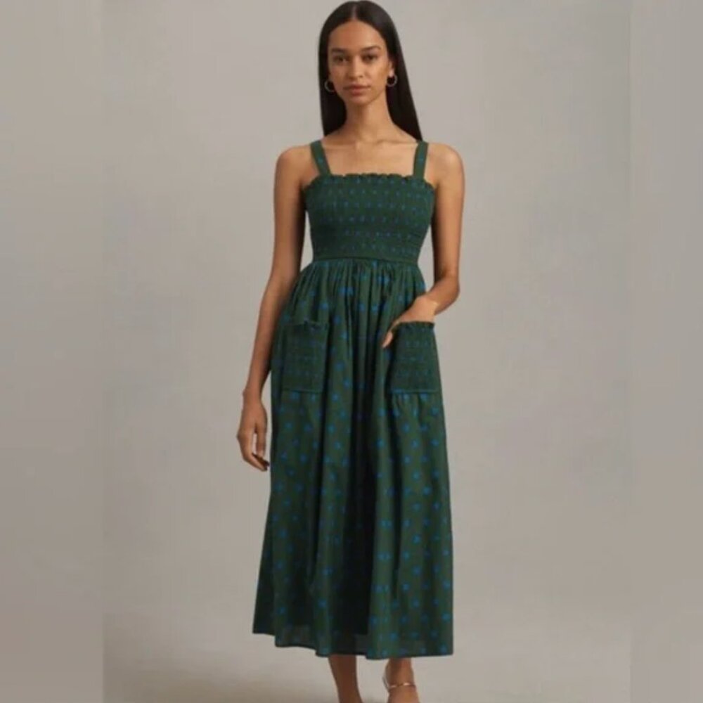 Anthropologie Pinnacle Smocked A-Line Midi Dress Small Green Polka Dot $188 Blue
